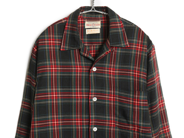 60s ★ CISCO タータン チェック オープンカラー シャツ メンズ M ヴィンテージ ウール コットン ループ留め 開襟 ボックス 長袖シャツ 黒