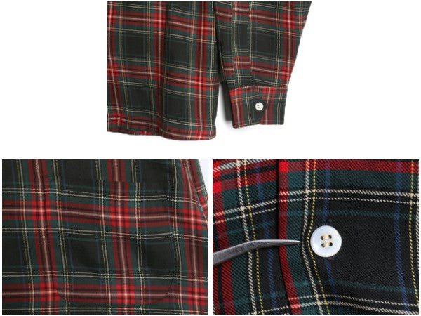 60s ★ CISCO タータン チェック オープンカラー シャツ メンズ M ヴィンテージ ウール コットン ループ留め 開襟 ボックス 長袖シャツ 黒