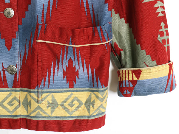 90s JONES NEW YORK ネイティブ 総柄 ジャケット レディース M オールド コットン ツイル カバーオール 本革 ヌバック レザー マルチカラー