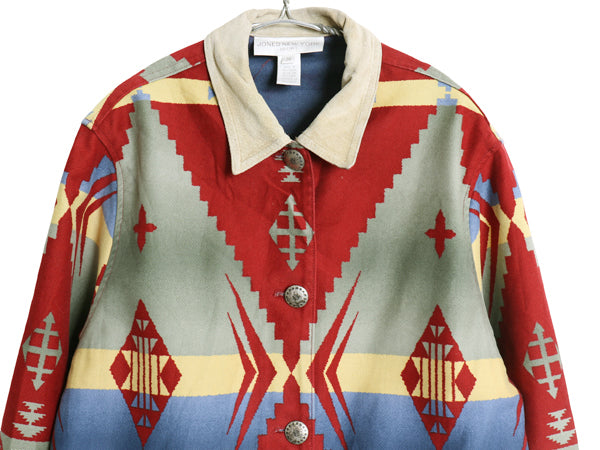 90s JONES NEW YORK ネイティブ 総柄 ジャケット レディース M オールド コットン ツイル カバーオール 本革 ヌバック レザー マルチカラー