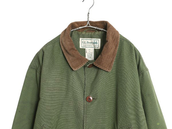 00s エルエルビーン コットン ハンティング ジャケット メンズ L / 古着 オールド カバーオール ハーフ コート フランネル ライナー付き 緑