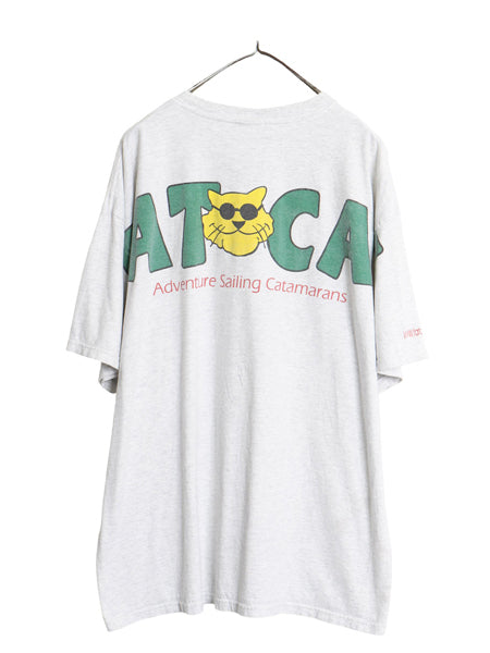 企業 両面 プリント 半袖 Tシャツ メンズ XL 程/ ヘビーウェイト コットン ネコ カットソー クルーネック ワンポイント 大きいサイズ 灰 