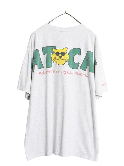 企業 両面 プリント 半袖 Tシャツ メンズ XL 程/ ヘビーウェイト コットン ネコ カットソー クルーネック ワンポイント 大きいサイズ 灰 