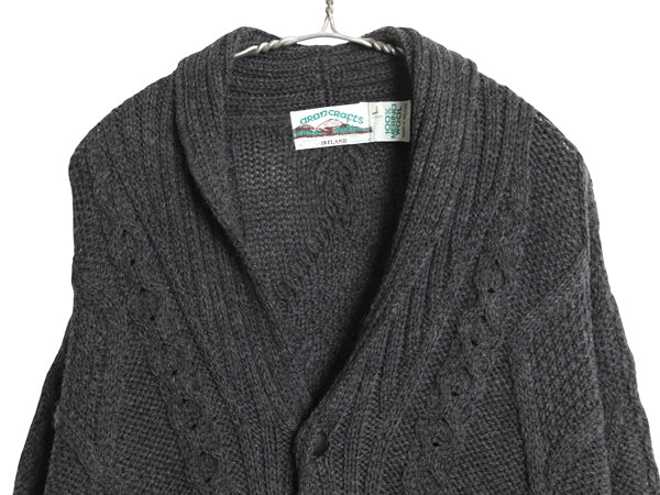 90s アイルランド製 aran crafts フィッシャーマン ショールカラー ニット カーディガン メンズ L オールド アラン メリノ ウール セーター