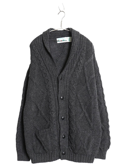 90s アイルランド製 aran crafts フィッシャーマン ショールカラー ニット カーディガン メンズ L オールド アラン メリノ ウール セーター