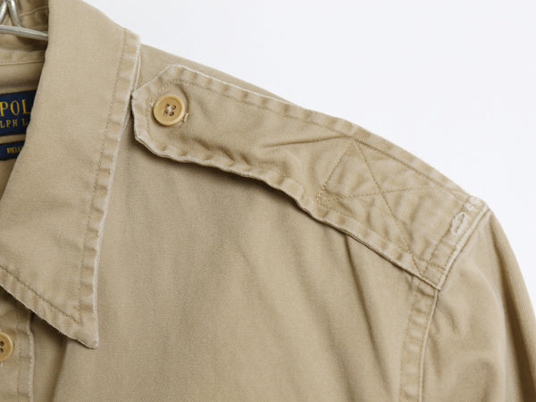 ポロ ラルフローレン 長袖 オフィサー シャツ レディース M 程/ ヴィンテージ 加工 RELAXED FIT コットン マチ付き サファリ 無地 ベージュ