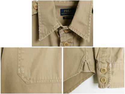 ポロ ラルフローレン 長袖 オフィサー シャツ レディース M 程/ ヴィンテージ 加工 RELAXED FIT コットン マチ付き サファリ 無地 ベージュ