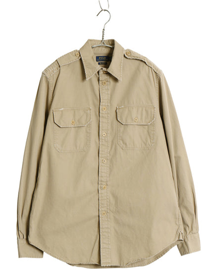 ポロ ラルフローレン 長袖 オフィサー シャツ レディース M 程/ ヴィンテージ 加工 RELAXED FIT コットン マチ付き サファリ 無地 ベージュ