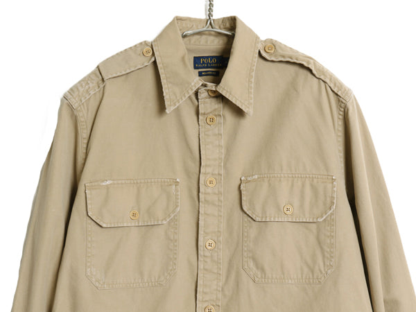 ポロ ラルフローレン 長袖 オフィサー シャツ レディース M 程/ ヴィンテージ 加工 RELAXED FIT コットン マチ付き サファリ 無地 ベージュ