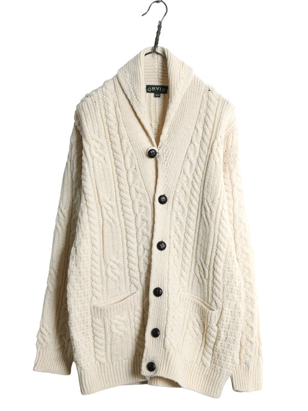 アイルランド製 オービス ショールカラー フィッシャーマン ニット カーディガン メンズ L アラン ケーブル メリノ ウール セーター 前開き