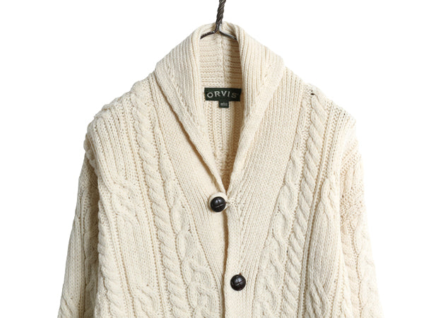アイルランド製 オービス ショールカラー フィッシャーマン ニット カーディガン メンズ L アラン ケーブル メリノ ウール セーター 前開き