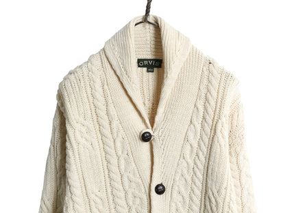 アイルランド製 オービス ショールカラー フィッシャーマン ニット カーディガン メンズ L アラン ケーブル メリノ ウール セーター 前開き