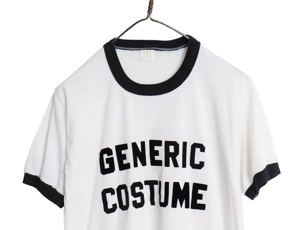 70s USA製 2段 フロッキー プリント リンガー Tシャツ メンズ レディース L 小さめ M 程 ヴィンテージ シングルステッチ モノトーン 黒 白