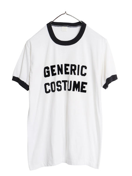 70s USA製 2段 フロッキー プリント リンガー Tシャツ メンズ レディース L 小さめ M 程 ヴィンテージ シングルステッチ モノトーン 黒 白