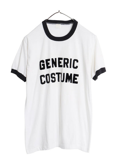 70s USA製 2段 フロッキー プリント リンガー Tシャツ メンズ レディース L 小さめ M 程 ヴィンテージ シングルステッチ モノトーン 黒 白