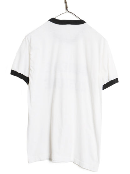 70s USA製 2段 フロッキー プリント リンガー Tシャツ メンズ レディース L 小さめ M 程 ヴィンテージ シングルステッチ モノトーン 黒 白