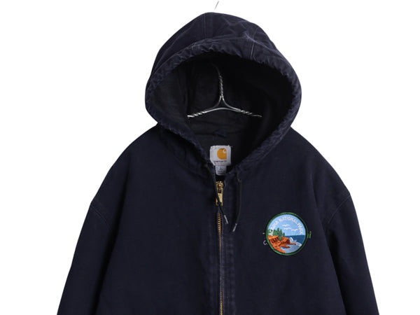 US企画 カーハート アクティブ ジャケット メンズ L 古着 ワーク ダック パーカー 中綿 キルティング ライナー ブルゾン フルジップ 濃紺