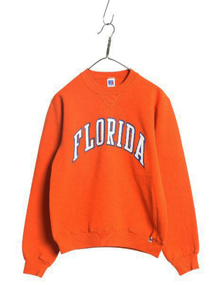 90s USA製 ラッセル カレッジ プリント スウェット メンズ レディース S オールド トレーナー 前V 裏起毛 ワンポイント シンプル オレンジ