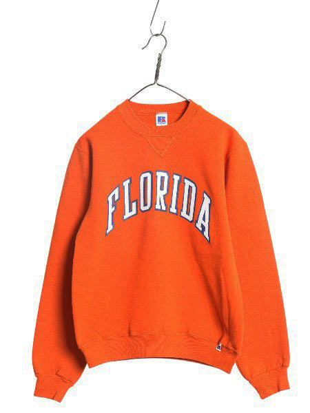 90s USA製 ラッセル カレッジ プリント スウェット メンズ レディース S オールド トレーナー 前V 裏起毛 ワンポイント シンプル オレンジ