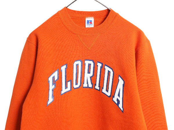 90s USA製 ラッセル カレッジ プリント スウェット メンズ レディース S オールド トレーナー 前V 裏起毛 ワンポイント シンプル オレンジ