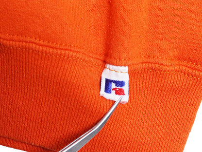 90s USA製 ラッセル カレッジ プリント スウェット メンズ レディース S オールド トレーナー 前V 裏起毛 ワンポイント シンプル オレンジ