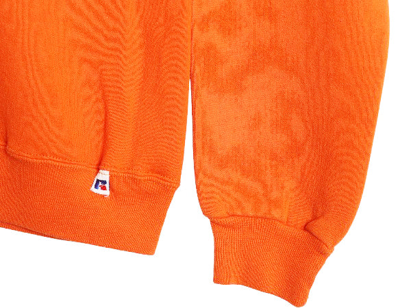 90s USA製 ラッセル カレッジ プリント スウェット メンズ レディース S オールド トレーナー 前V 裏起毛 ワンポイント シンプル オレンジ