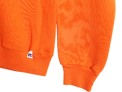 90s USA製 ラッセル カレッジ プリント スウェット メンズ レディース S オールド トレーナー 前V 裏起毛 ワンポイント シンプル オレンジ