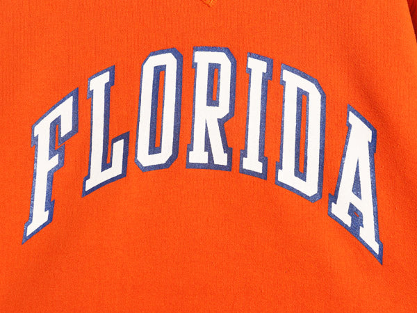 90s USA製 ラッセル カレッジ プリント スウェット メンズ レディース S オールド トレーナー 前V 裏起毛 ワンポイント シンプル オレンジ