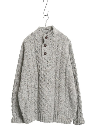 アイルランド製 エルエルビーン フィッシャーマン ニット セーター メンズ L ネップ ウール アラン モックネック プルオーバー ケーブル 灰