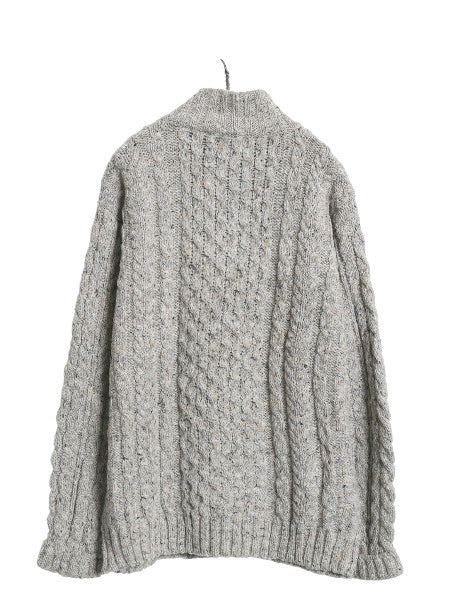 アイルランド製 エルエルビーン フィッシャーマン ニット セーター メンズ L ネップ ウール アラン モックネック プルオーバー ケーブル 灰