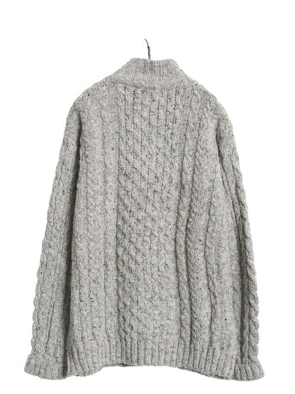 アイルランド製 エルエルビーン フィッシャーマン ニット セーター メンズ L ネップ ウール アラン モックネック プルオーバー ケーブル 灰