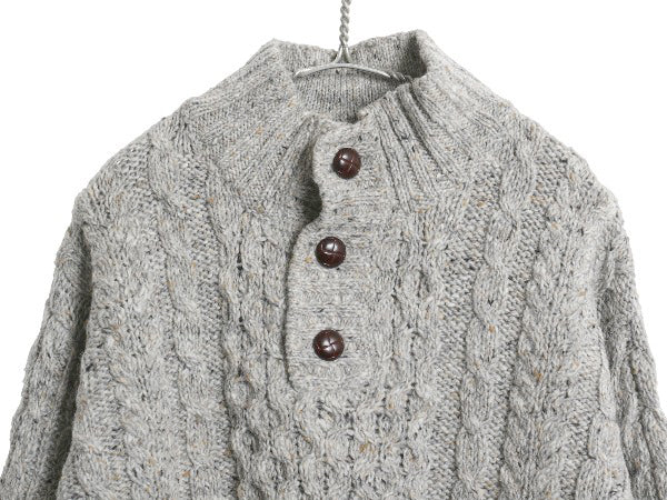 アイルランド製 エルエルビーン フィッシャーマン ニット セーター メンズ L ネップ ウール アラン モックネック プルオーバー ケーブル 灰
