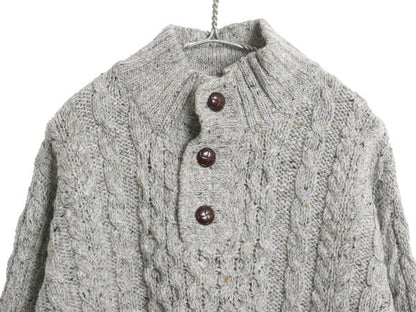 アイルランド製 エルエルビーン フィッシャーマン ニット セーター メンズ L ネップ ウール アラン モックネック プルオーバー ケーブル 灰