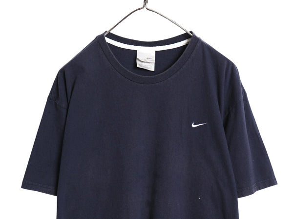 00s ナイキ スモール スウッシュ 刺繍 半袖Tシャツ メンズ XL オールド ヘビーウェイト コットン ワンポイント カットソー 大きいサイズ 紺