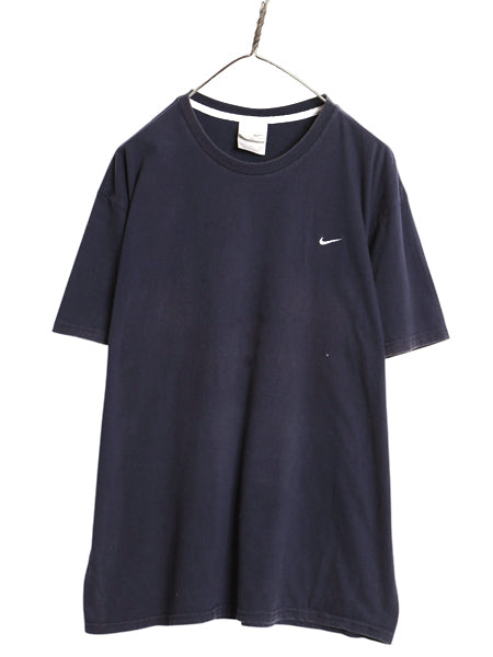 00s ナイキ スモール スウッシュ 刺繍 半袖Tシャツ メンズ XL オールド ヘビーウェイト コットン ワンポイント カットソー 大きいサイズ 紺