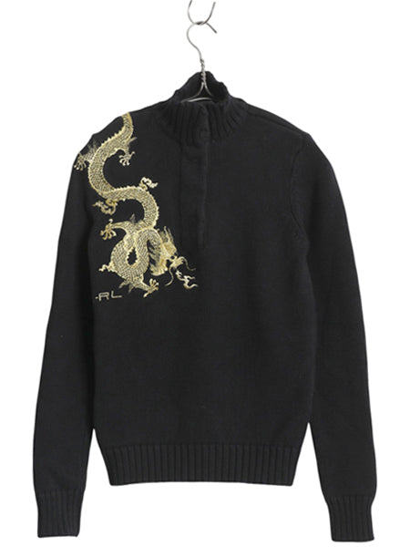 00s ローレン ラルフローレン 龍 金 刺繍 ハイネック コットン ニット セーター レディース S オールド ポロ スーベニア デザイン ブラック