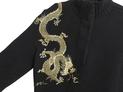 00s ローレン ラルフローレン 龍 金 刺繍 ハイネック コットン ニット セーター レディース S オールド ポロ スーベニア デザイン ブラック