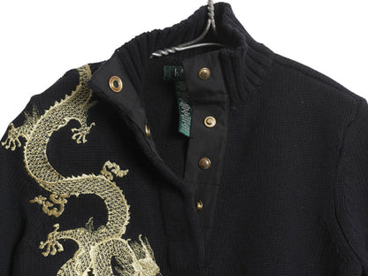 00s ローレン ラルフローレン 龍 金 刺繍 ハイネック コットン ニット セーター レディース S オールド ポロ スーベニア デザイン ブラック