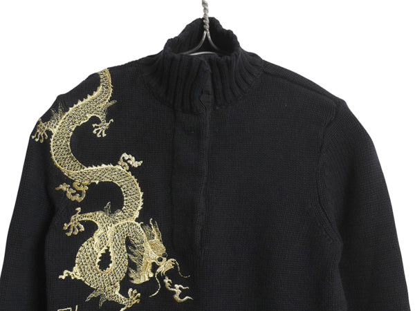 00s ローレン ラルフローレン 龍 金 刺繍 ハイネック コットン ニット セーター レディース S オールド ポロ スーベニア デザイン ブラック