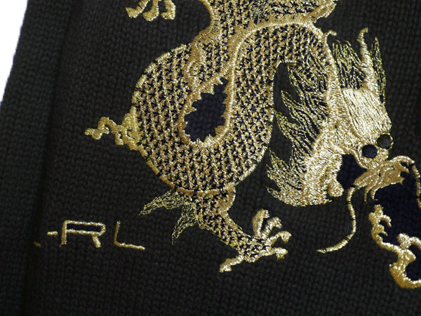 00s ローレン ラルフローレン 龍 金 刺繍 ハイネック コットン ニット セーター レディース S オールド ポロ スーベニア デザイン ブラック