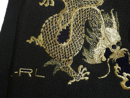 00s ローレン ラルフローレン 龍 金 刺繍 ハイネック コットン ニット セーター レディース S オールド ポロ スーベニア デザイン ブラック