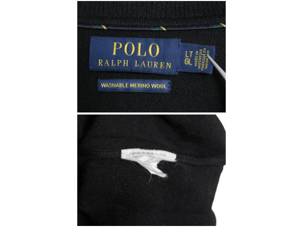 ポロ ラルフローレン Vネック ニット セーター メンズ L / メリノ ウール ハイゲージ ワンポイント シンプル きれいめ ブラック 洗濯可能