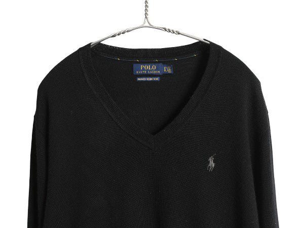 ポロ ラルフローレン Vネック ニット セーター メンズ L / メリノ ウール ハイゲージ ワンポイント シンプル きれいめ ブラック 洗濯可能