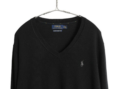 ポロ ラルフローレン Vネック ニット セーター メンズ L / メリノ ウール ハイゲージ ワンポイント シンプル きれいめ ブラック 洗濯可能