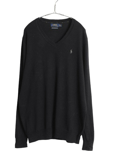ポロ ラルフローレン Vネック ニット セーター メンズ L / メリノ ウール ハイゲージ ワンポイント シンプル きれいめ ブラック 洗濯可能