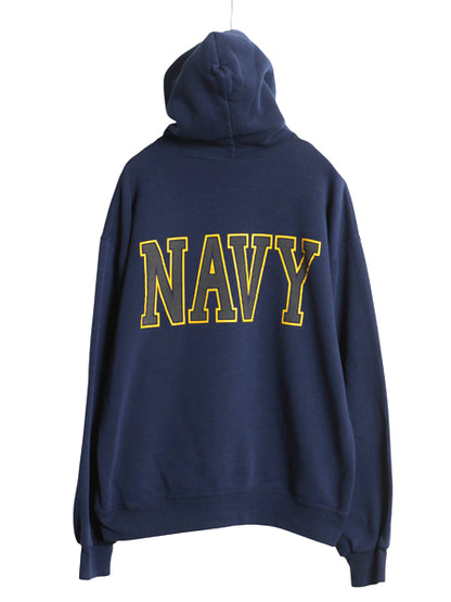 90s USA製 US NAVY 両面 プリント スウェット フード パーカー メンズ L / 古着 オールド ミリタリー トレーナー 裏起毛 軍物 ネイビー USN