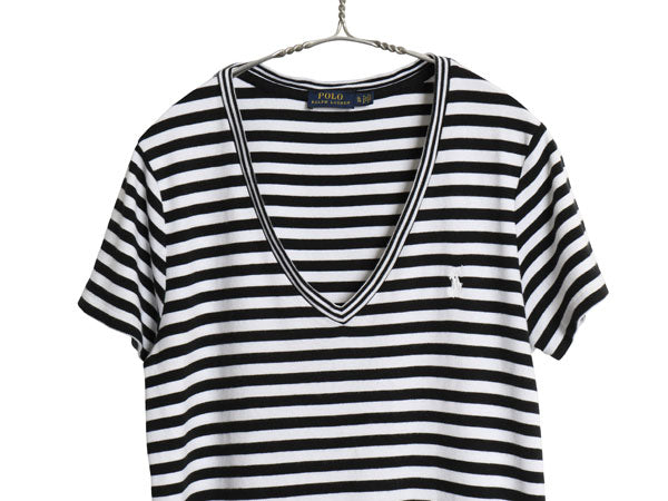 ポロ ラルフローレン Vネック ボーダー 半袖 Tシャツ レディース XL / 古着 ストレッチ スムース カットソー 大きいサイズ ツートン 黒 白