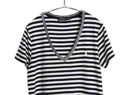 ポロ ラルフローレン Vネック ボーダー 半袖 Tシャツ レディース XL / 古着 ストレッチ スムース カットソー 大きいサイズ ツートン 黒 白