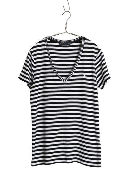ポロ ラルフローレン Vネック ボーダー 半袖 Tシャツ レディース XL / 古着 ストレッチ スムース カットソー 大きいサイズ ツートン 黒 白