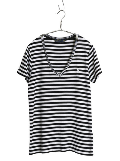 ポロ ラルフローレン Vネック ボーダー 半袖 Tシャツ レディース XL / 古着 ストレッチ スムース カットソー 大きいサイズ ツートン 黒 白